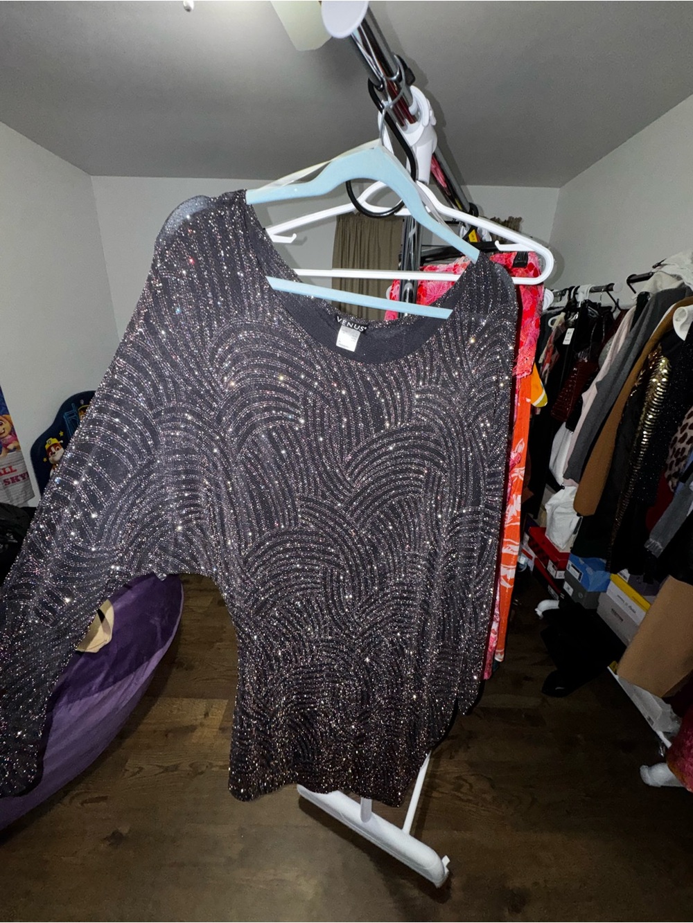 VENUS Black Metallic Long-Sleeve Sparkle Dress